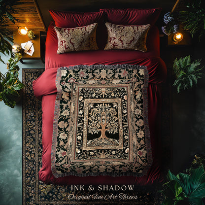 Regal Golden Tree of Life Wall Tapestry | Gilt Border Ornate Medieval Design Folklore Style Woodland Decor Maximalist Throw Blanket Nordic |