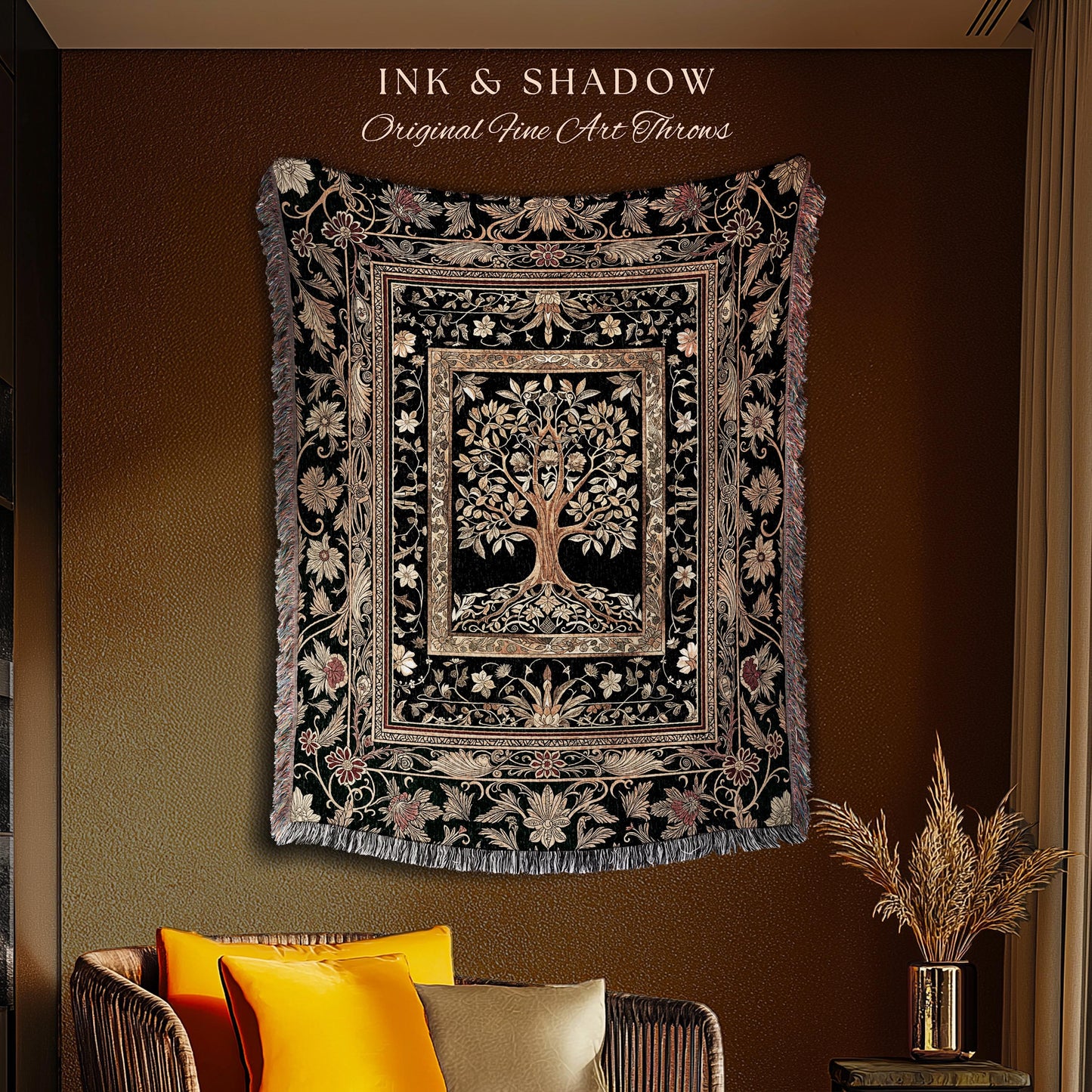 Regal Golden Tree of Life Wall Tapestry | Gilt Border Ornate Medieval Design Folklore Style Woodland Decor Maximalist Throw Blanket Nordic |