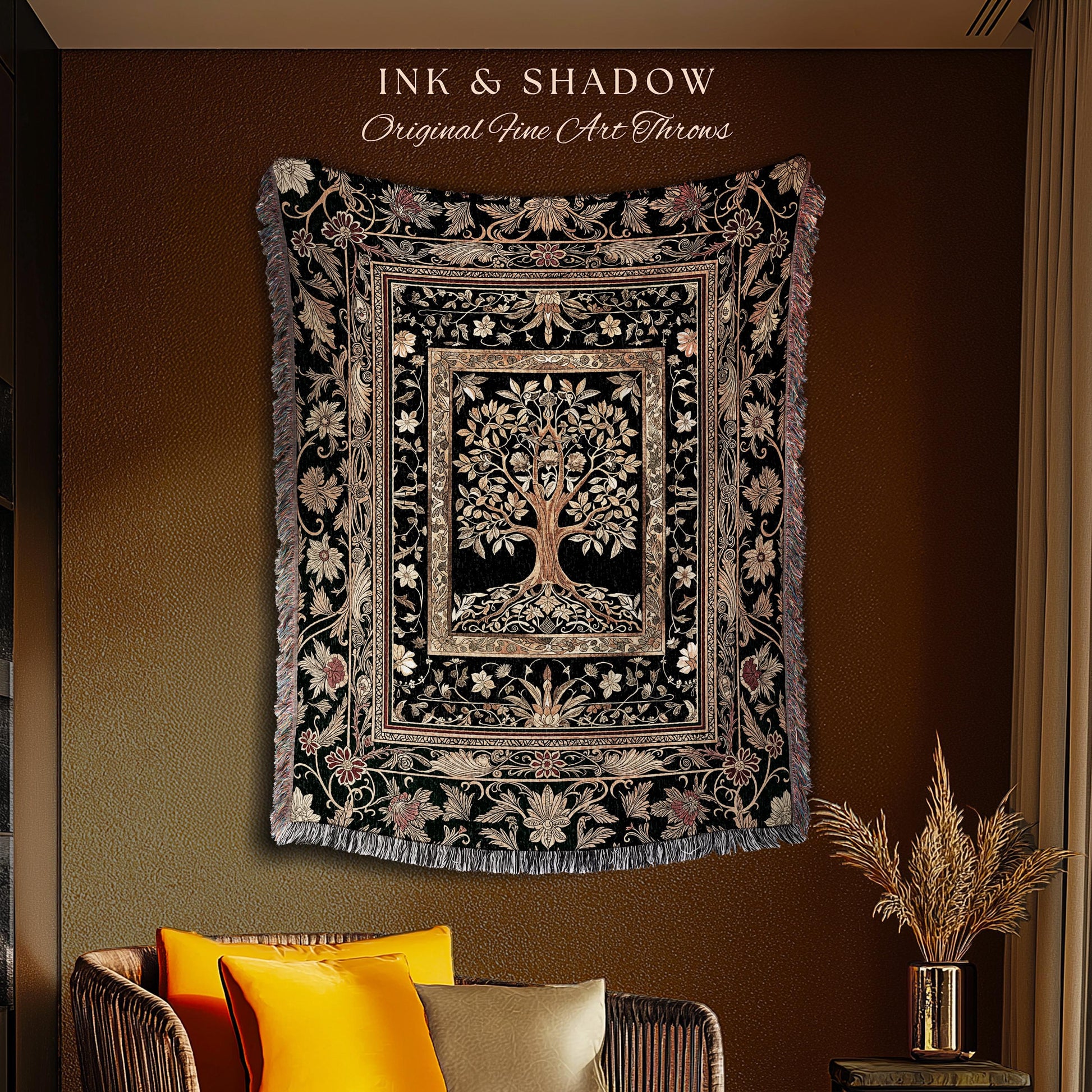 Regal Golden Tree of Life Wall Tapestry | Gilt Border Ornate Medieval Design Folklore Style Woodland Decor Maximalist Throw Blanket Nordic |