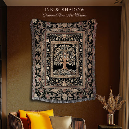 Regal Golden Tree of Life Wall Tapestry | Gilt Border Ornate Medieval Design Folklore Style Woodland Decor Maximalist Throw Blanket Nordic |