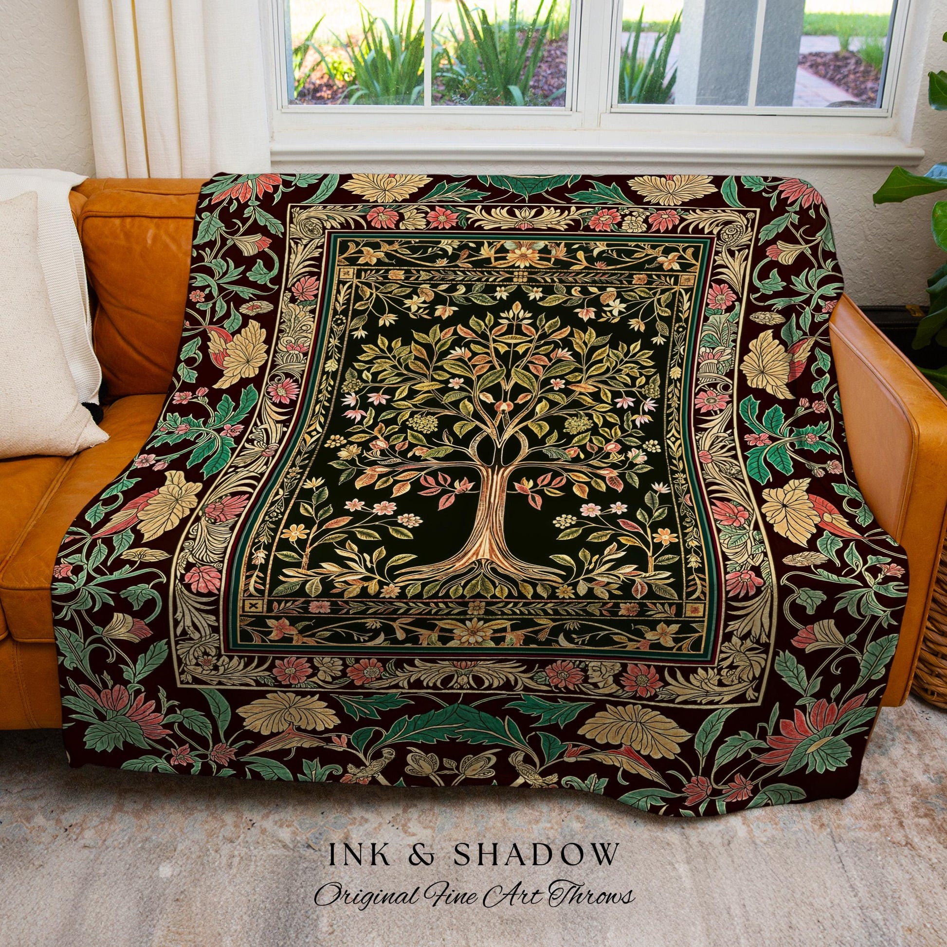 Whimsical Floral Tree of Life Throw Blanket | Eclectic Botanical Ornate Baroque Border Pastel Woven Tapestry Traditional Folk Art Boho Decor