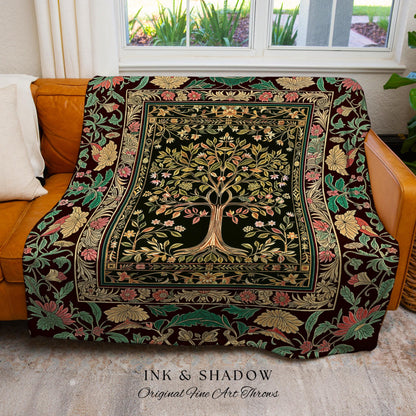 Whimsical Floral Tree of Life Throw Blanket | Eclectic Botanical Ornate Baroque Border Pastel Woven Tapestry Traditional Folk Art Boho Decor