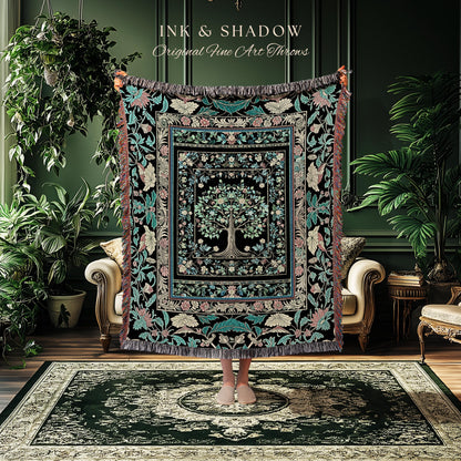 Dark Gothic Pastel Tree of Life Woven Tapestry | Ornate Floral Border Whimsical Botanical Pattern Folk Garden Style Classic Throw Blanket |