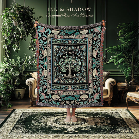 Dark Gothic Pastel Tree of Life Woven Tapestry | Ornate Floral Border Whimsical Botanical Pattern Folk Garden Style Classic Throw Blanket |