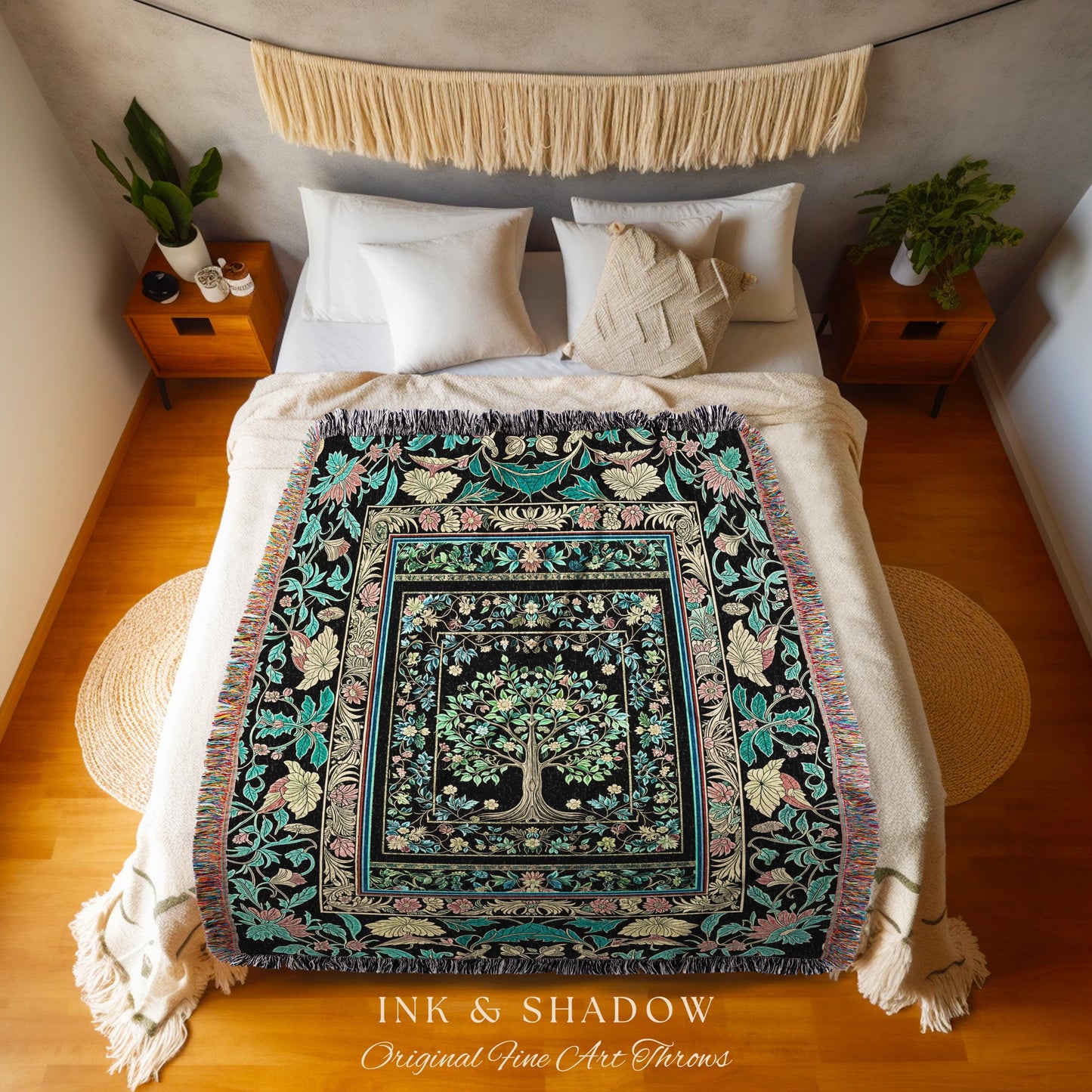 Dark Gothic Pastel Tree of Life Woven Tapestry | Ornate Floral Border Whimsical Botanical Pattern Folk Garden Style Classic Throw Blanket |