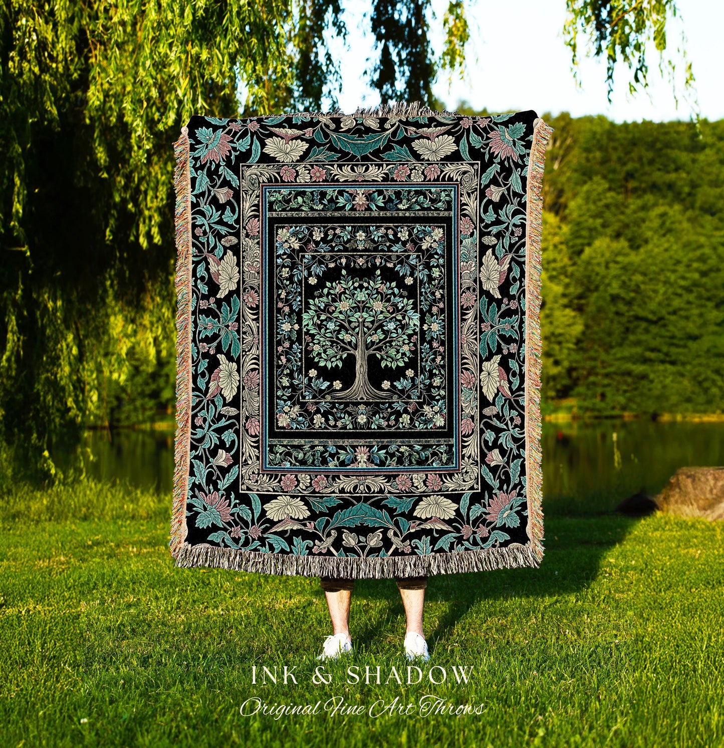 Dark Gothic Pastel Tree of Life Woven Tapestry | Ornate Floral Border Whimsical Botanical Pattern Folk Garden Style Classic Throw Blanket |