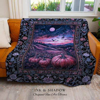 Rustic Crowcore Enchanted Pumpkin Landscape Woven Tapestry | Gothiccore Autumn Aesthetics Cozy Dark Academia Fall Amethyst Whimsigothic Vibe