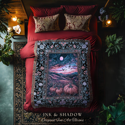 Rustic Crowcore Enchanted Pumpkin Landscape Woven Tapestry | Gothiccore Autumn Aesthetics Cozy Dark Academia Fall Amethyst Whimsigothic Vibe