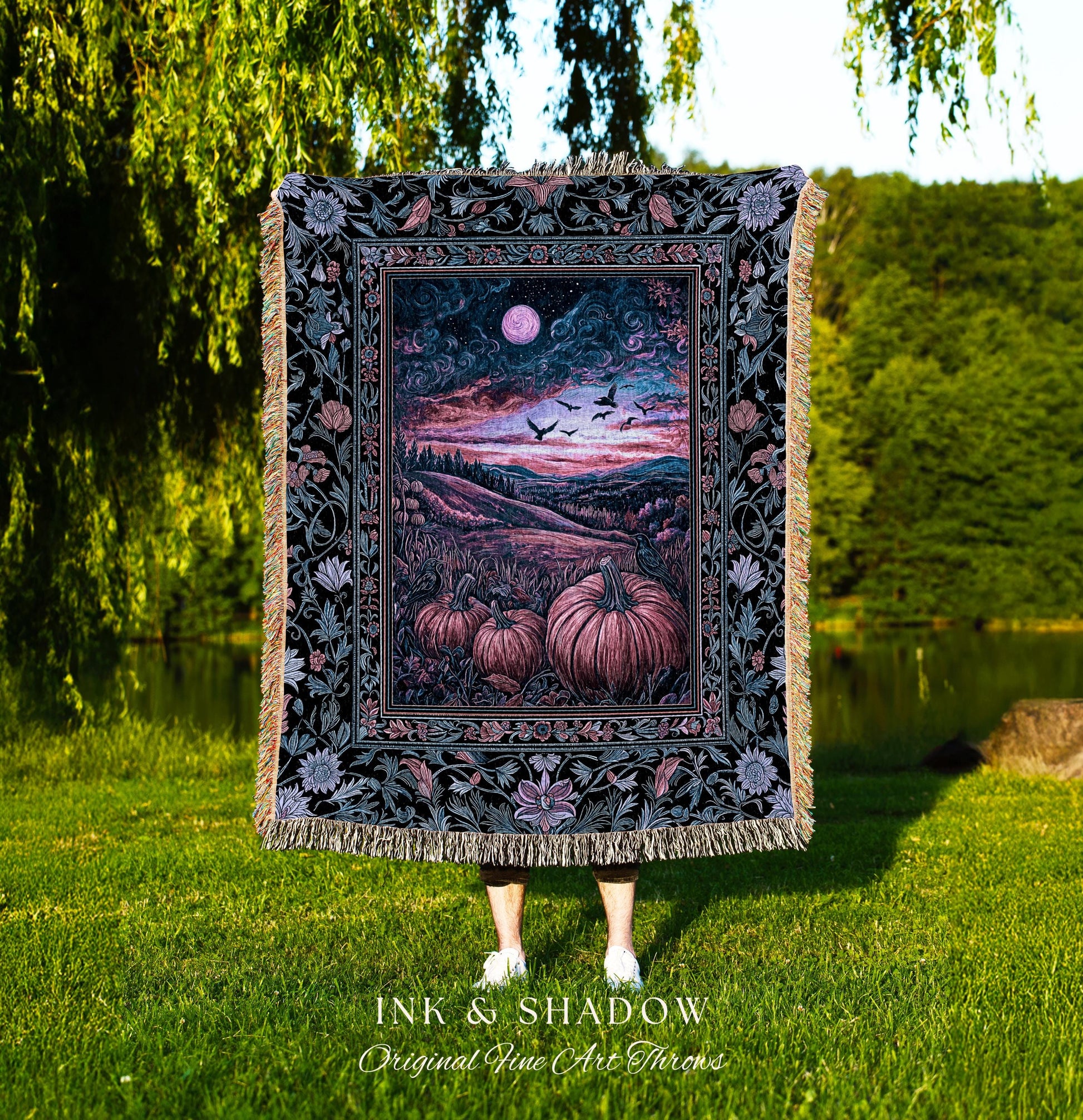 Rustic Crowcore Enchanted Pumpkin Landscape Woven Tapestry | Gothiccore Autumn Aesthetics Cozy Dark Academia Fall Amethyst Whimsigothic Vibe
