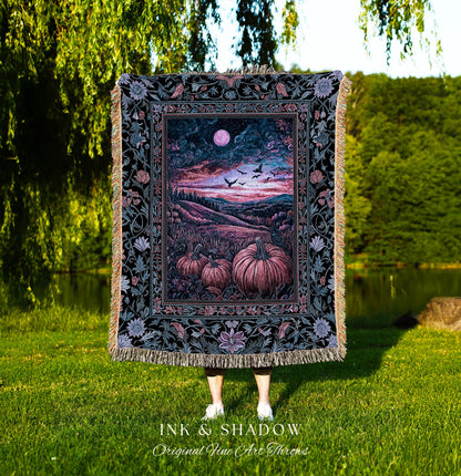 Rustic Crowcore Enchanted Pumpkin Landscape Woven Tapestry | Gothiccore Autumn Aesthetics Cozy Dark Academia Fall Amethyst Whimsigothic Vibe