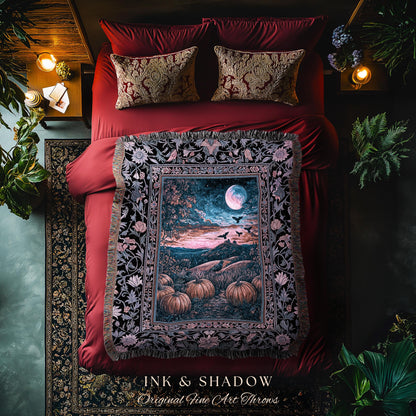 Whimsigothic Raven Full Moon Pumpkins Woven Throw | Dreamy Aesthetic Fall Vibes Witchy Dark Academia Tapestry Baroque Spooky Season Decor