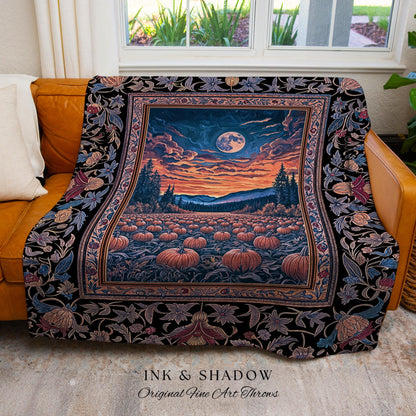 Celestial Autumn Sunset Throw Blanket | Cozy Fall Accent Dark Academia Aesthetic Autumn Vibes Rustic Decor Whimsigoth Pumpkin Wall Tapestry