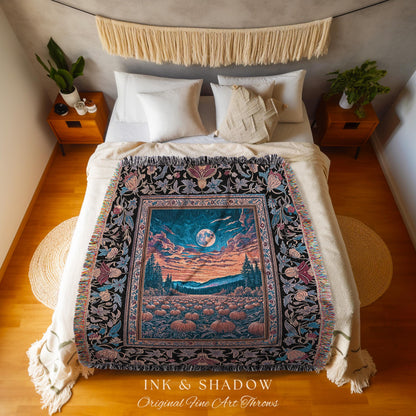Celestial Autumn Sunset Throw Blanket | Cozy Fall Accent Dark Academia Aesthetic Autumn Vibes Rustic Decor Whimsigoth Pumpkin Wall Tapestry