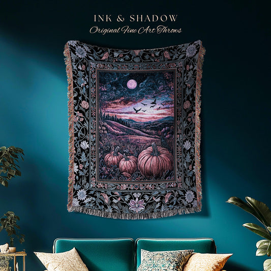 Rustic Crowcore Enchanted Pumpkin Landscape Woven Tapestry | Gothiccore Autumn Aesthetics Cozy Dark Academia Fall Amethyst Whimsigothic Vibe