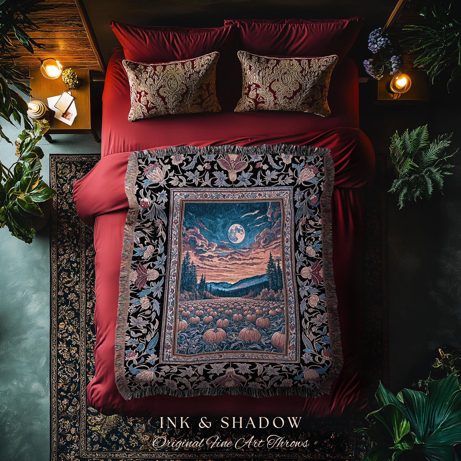 Celestial Autumn Sunset Throw Blanket | Cozy Fall Accent Dark Academia Aesthetic Autumn Vibes Rustic Decor Whimsigoth Pumpkin Wall Tapestry