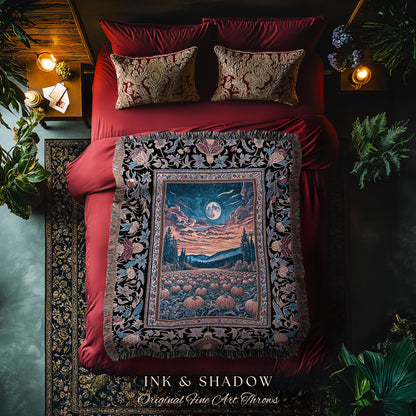 Celestial Autumn Sunset Throw Blanket | Cozy Fall Accent Dark Academia Aesthetic Autumn Vibes Rustic Decor Whimsigoth Pumpkin Wall Tapestry