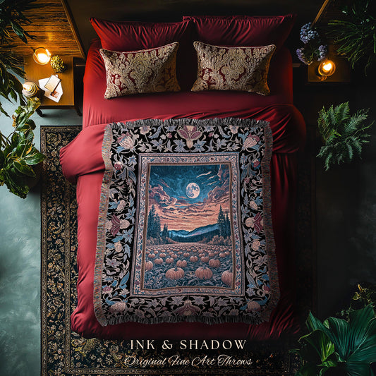 Celestial Autumn Sunset Throw Blanket | Cozy Fall Accent Dark Academia Aesthetic Autumn Vibes Rustic Decor Whimsigoth Pumpkin Wall Tapestry