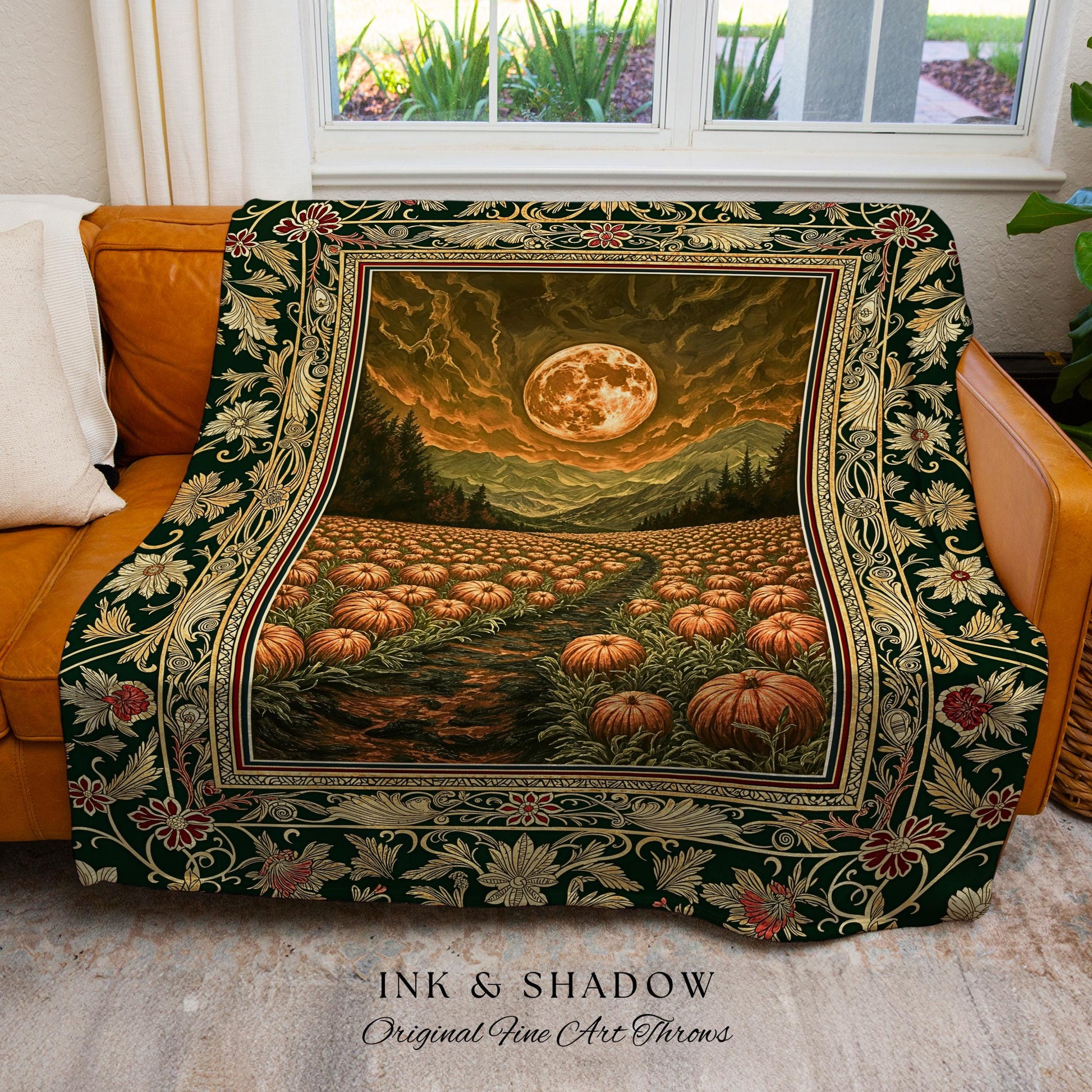 Amber Sunset Cozy Fall Throw | Dark Academia Autumn Aesthetic Bookish Blanket Spooky Season Vibes Pumpkin Crowcore Rustic Woven Tapestry |