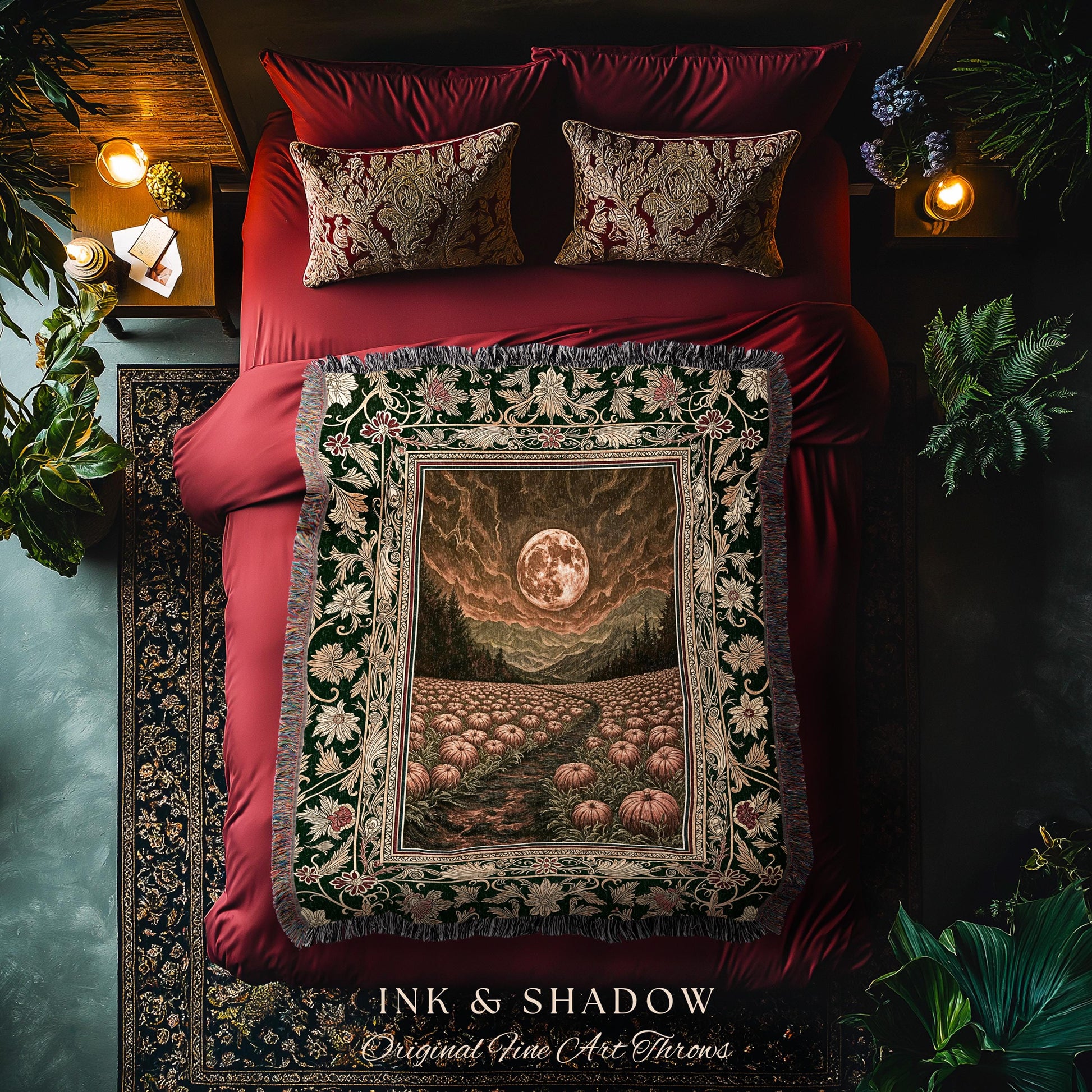 Amber Sunset Cozy Fall Throw | Dark Academia Autumn Aesthetic Bookish Blanket Spooky Season Vibes Pumpkin Crowcore Rustic Woven Tapestry |