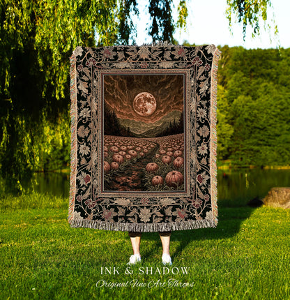 Amber Sunset Cozy Fall Throw | Dark Academia Autumn Aesthetic Bookish Blanket Spooky Season Vibes Pumpkin Crowcore Rustic Woven Tapestry |