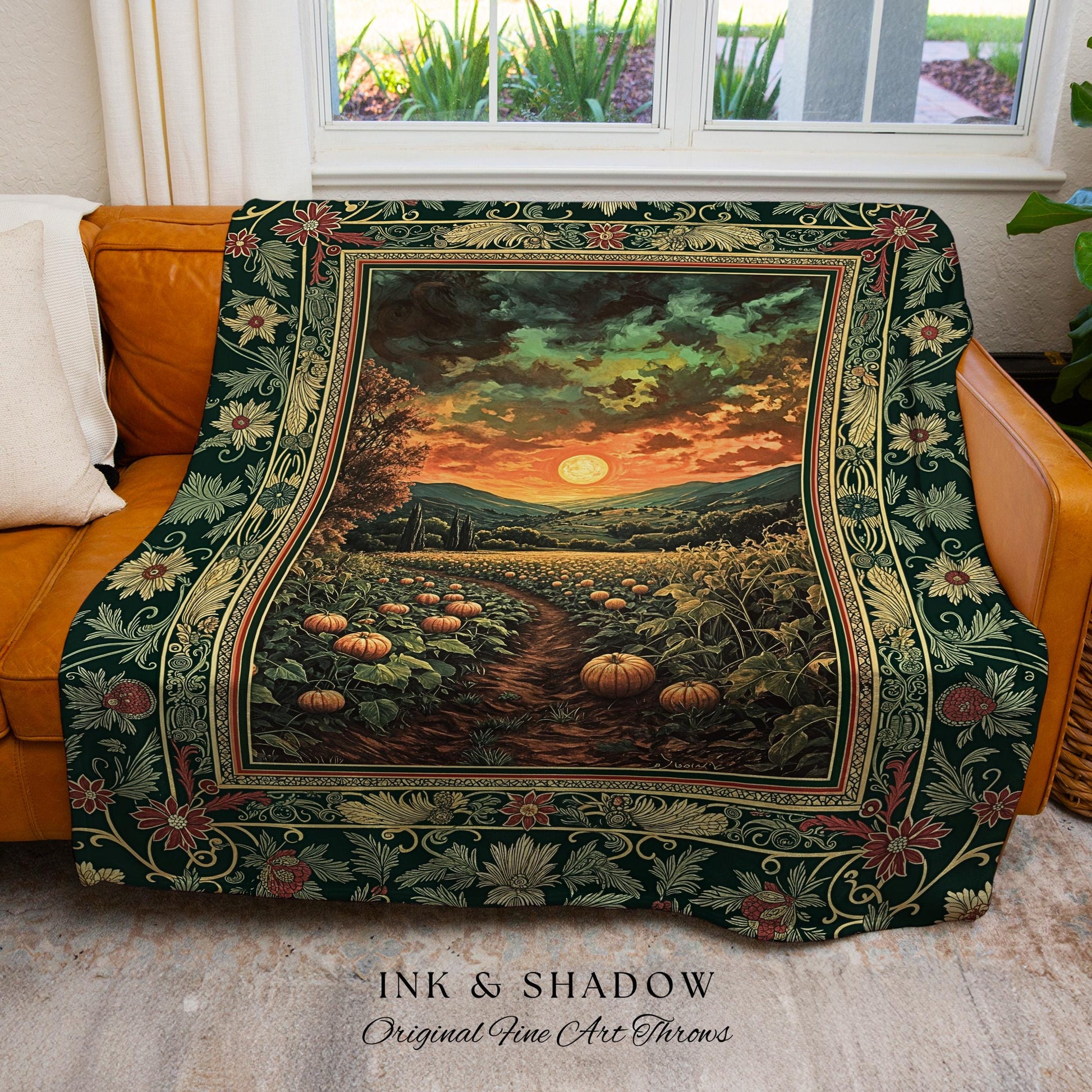 Romantic Autumn Landscape Blanket | Cozy Fall Tapestry Witchy Decor Rustic Crowcore Witchy Pumpkin Gothic Whimsical Dark Academia Throw |