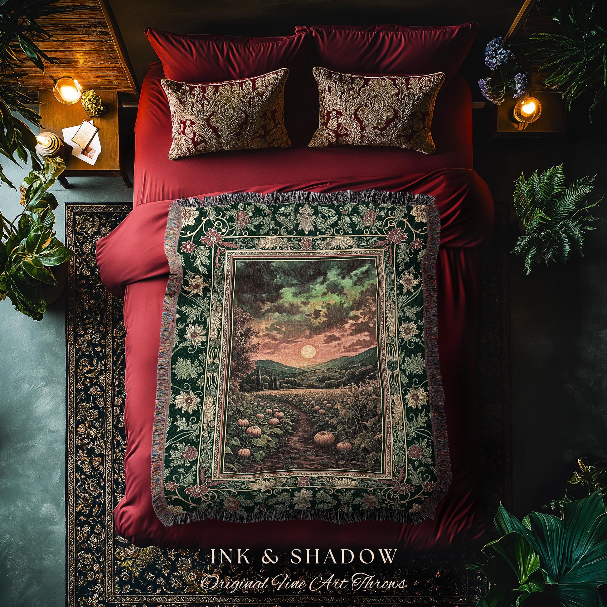 Romantic Autumn Landscape Blanket | Cozy Fall Tapestry Witchy Decor Rustic Crowcore Witchy Pumpkin Gothic Whimsical Dark Academia Throw |