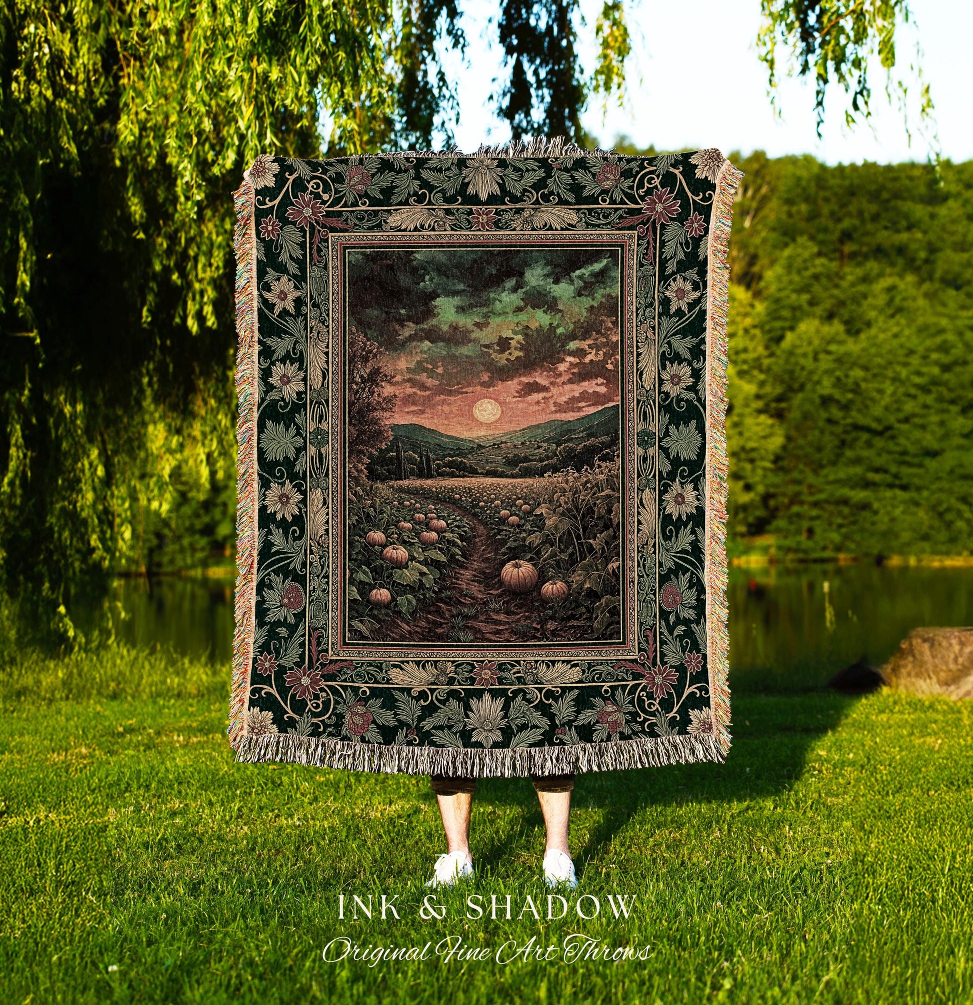 Romantic Autumn Landscape Blanket | Cozy Fall Tapestry Witchy Decor Rustic Crowcore Witchy Pumpkin Gothic Whimsical Dark Academia Throw |