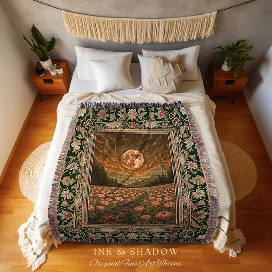 Amber Sunset Cozy Fall Throw | Dark Academia Autumn Aesthetic Bookish Blanket Spooky Season Vibes Pumpkin Crowcore Rustic Woven Tapestry |