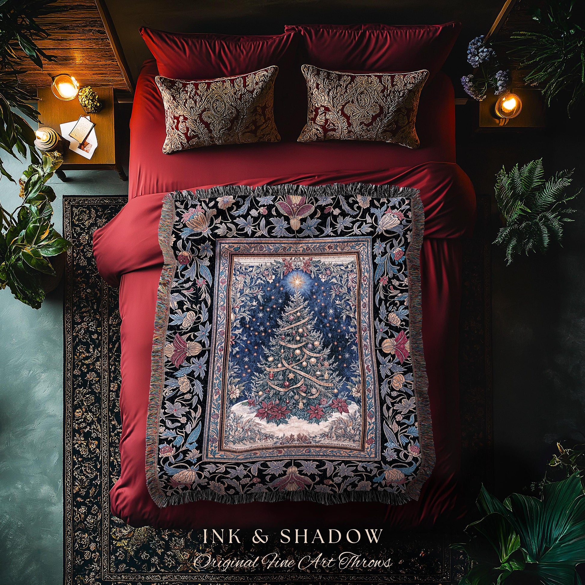 Classic Christmas Aesthetic Throw | Festive Whimsical Vintage Style Woven Wall Tapestry Xmas Tree Cozy Blanket Winter Wonderland Holiday |