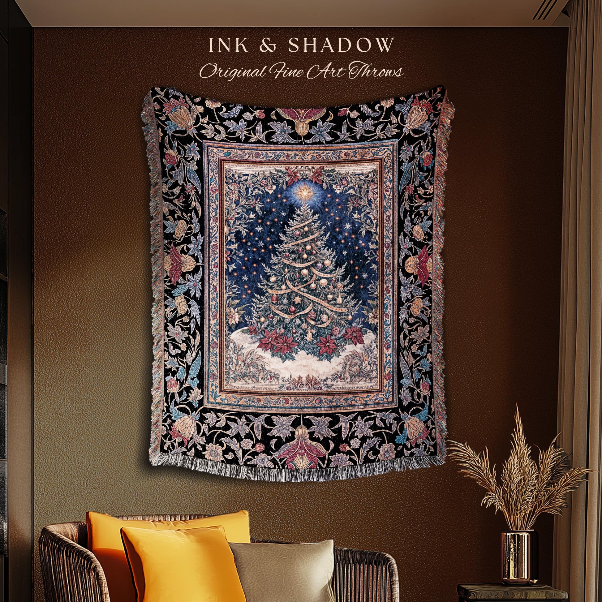 Classic Christmas Aesthetic Throw | Festive Whimsical Vintage Style Woven Wall Tapestry Xmas Tree Cozy Blanket Winter Wonderland Holiday |