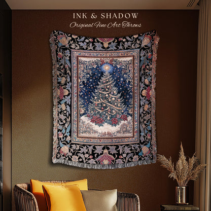 Classic Christmas Aesthetic Throw | Festive Whimsical Vintage Style Woven Wall Tapestry Xmas Tree Cozy Blanket Winter Wonderland Holiday |