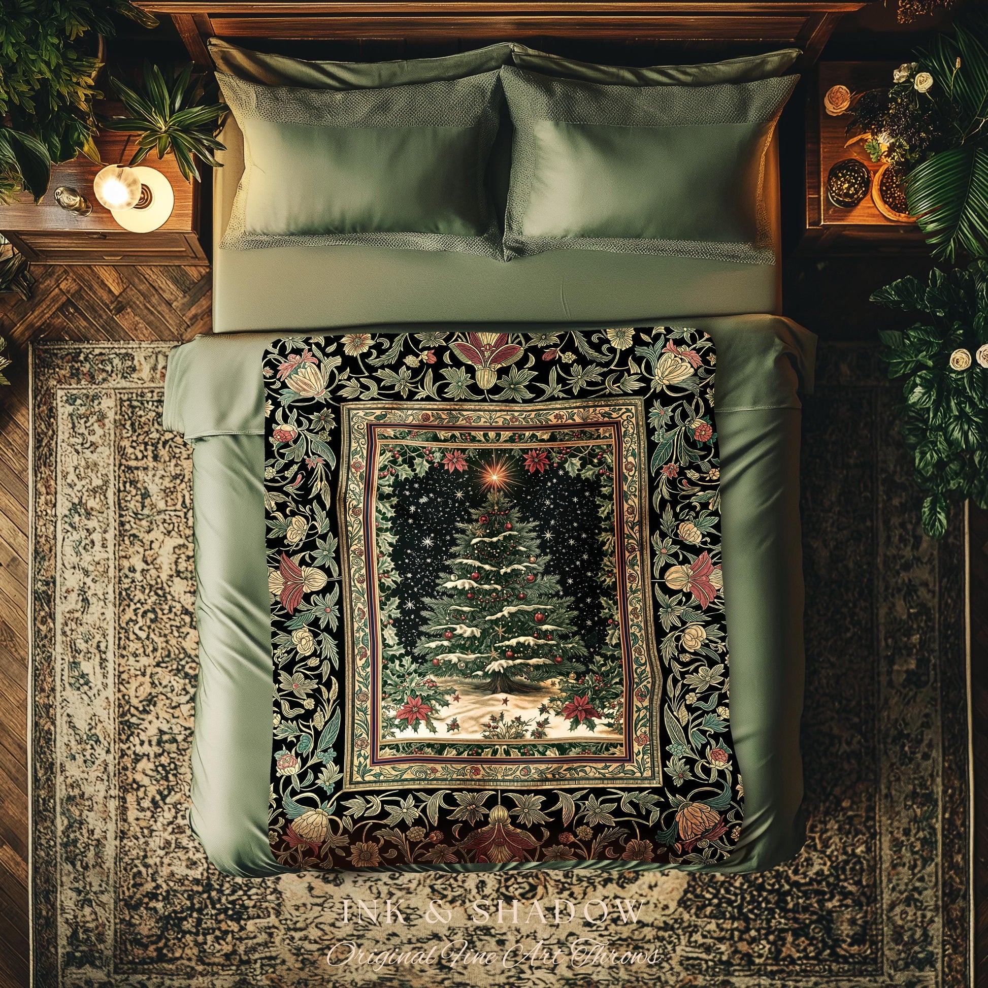 Sage Green Xmas Tree Throw Blanket | Cozy Winter Woven Tapestry Victorian Style Festive Decor Poinsettia Cottagecore Christmas Aesthetic |
