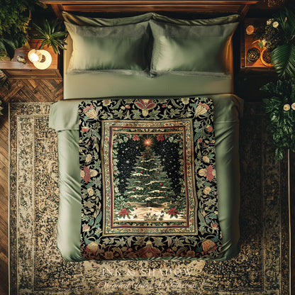 Sage Green Xmas Tree Throw Blanket | Cozy Winter Woven Tapestry Victorian Style Festive Decor Poinsettia Cottagecore Christmas Aesthetic |