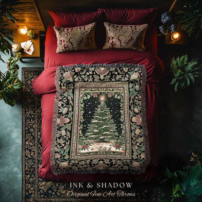Classic Christmas Tree Woven Tapestry Timeless Heritage Throw Blanket, Festive Winter Woodland Evergreen Seasonal Holiday Rustic Home Decor