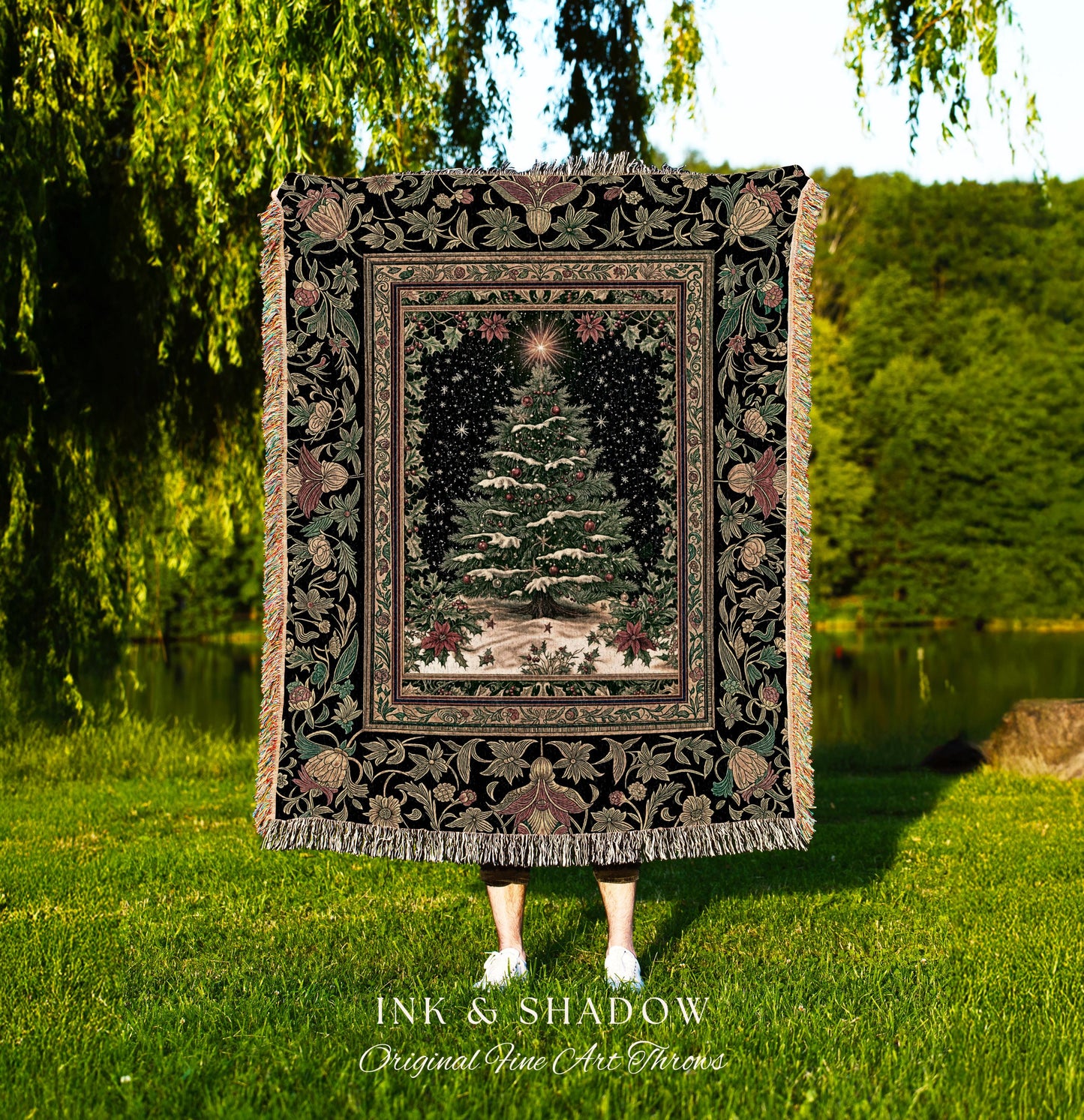 Sage Green Xmas Tree Throw Blanket | Cozy Winter Woven Tapestry Victorian Style Festive Decor Poinsettia Cottagecore Christmas Aesthetic |