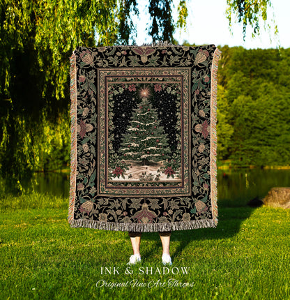 Sage Green Xmas Tree Throw Blanket | Cozy Winter Woven Tapestry Victorian Style Festive Decor Poinsettia Cottagecore Christmas Aesthetic |