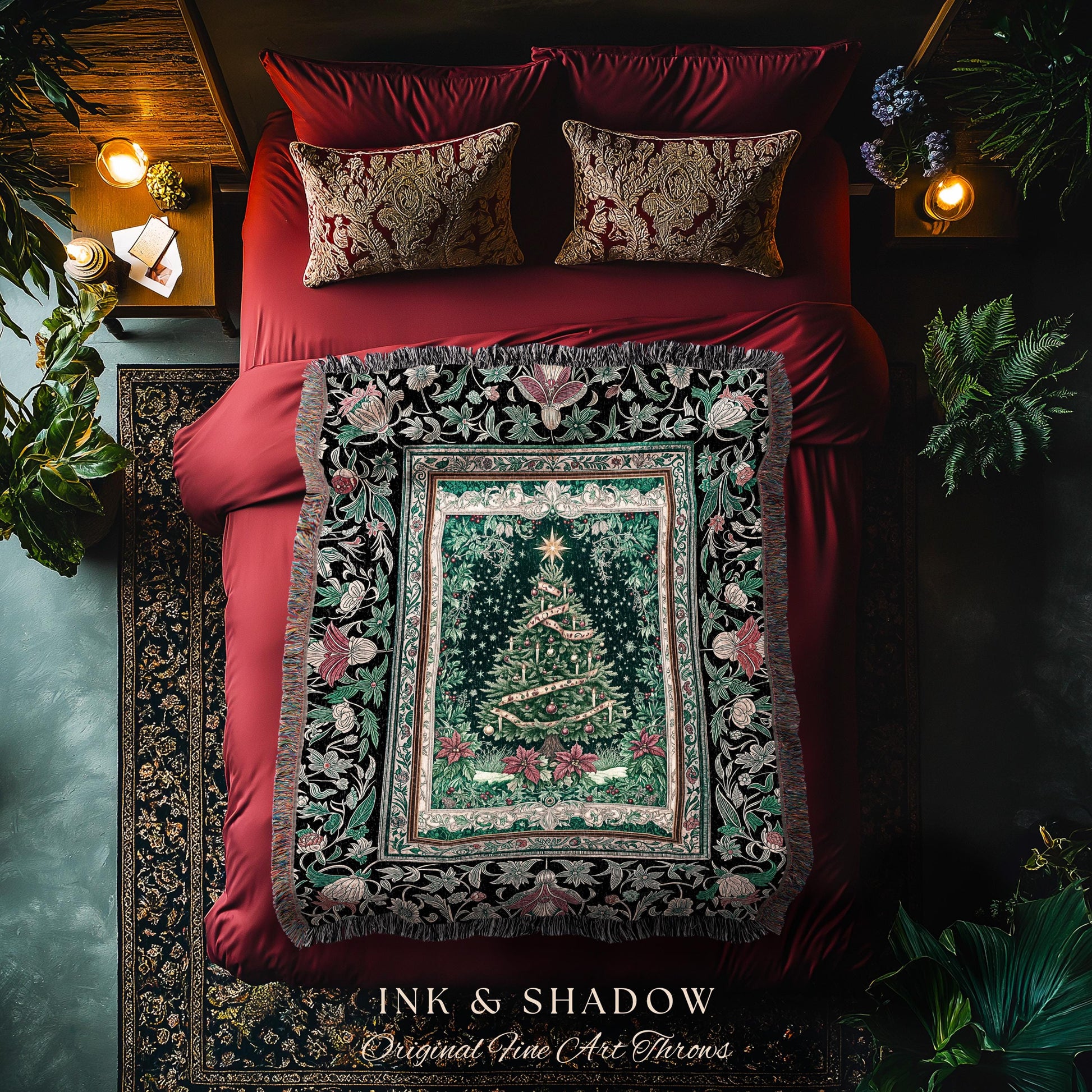Rustic Festive Holiday Blanket | Victorian Style Christmas Tree Tapestry Cozy Festive Decor Cottagecore Winter Floral Border Heirloom Throw