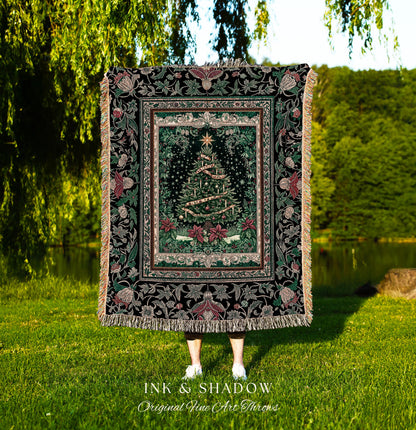 Rustic Festive Holiday Blanket | Victorian Style Christmas Tree Tapestry Cozy Festive Decor Cottagecore Winter Floral Border Heirloom Throw