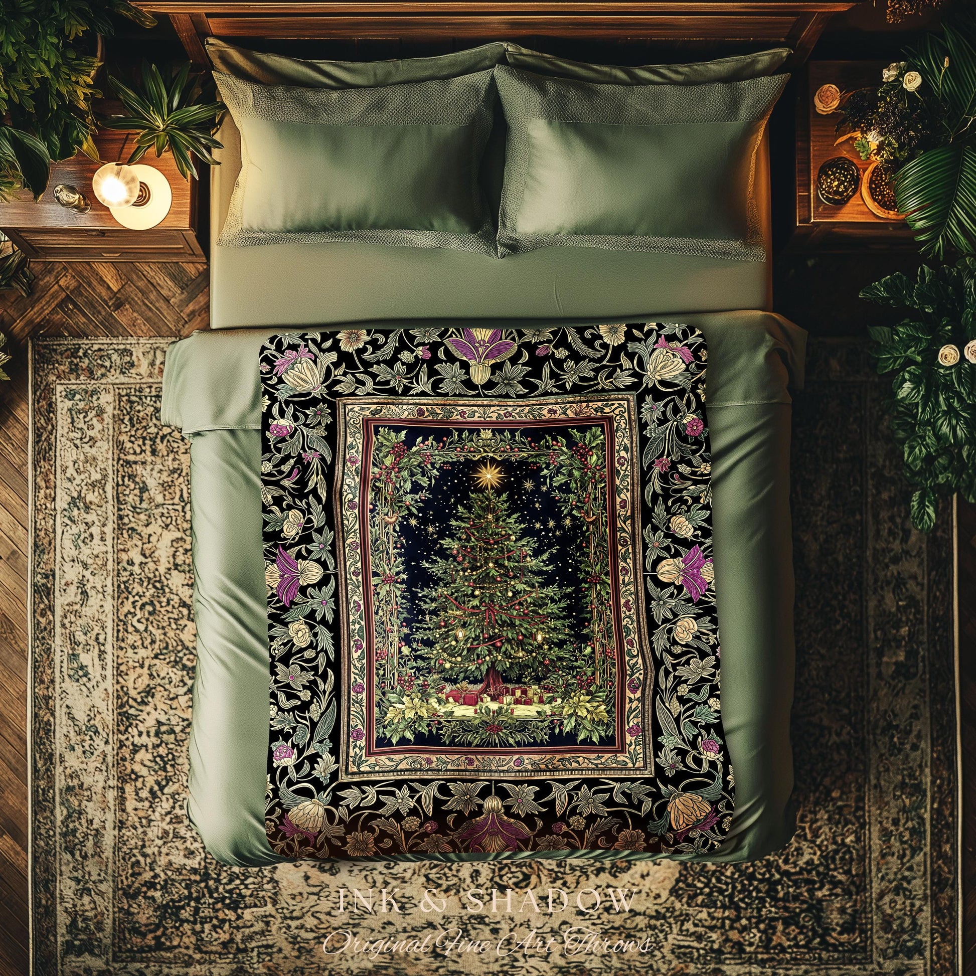 Retro Christmas Tree Ornate Tapestry | Classic Holiday Blanket Whimsical Holy Night Decor Vintage Floral Cozy Cottagecore Winter Aesthetic |