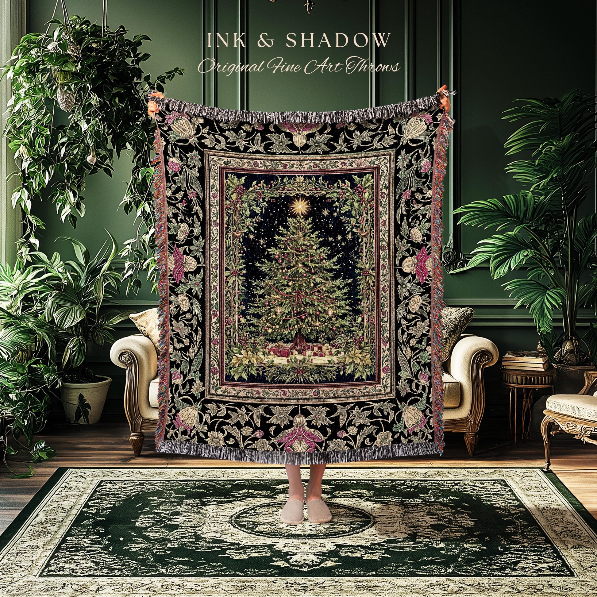 Retro Christmas Tree Ornate Tapestry | Classic Holiday Blanket Whimsical Holy Night Decor Vintage Floral Cozy Cottagecore Winter Aesthetic |