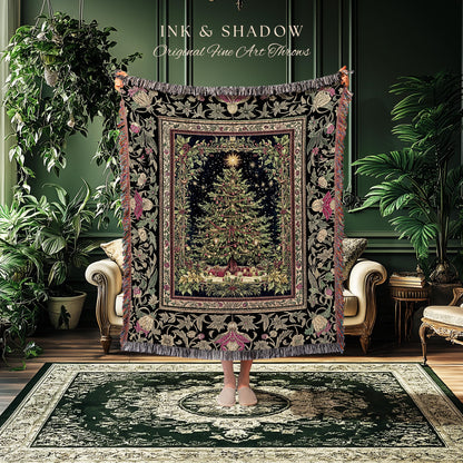 Retro Christmas Tree Ornate Tapestry | Classic Holiday Blanket Whimsical Holy Night Decor Vintage Floral Cozy Cottagecore Winter Aesthetic |