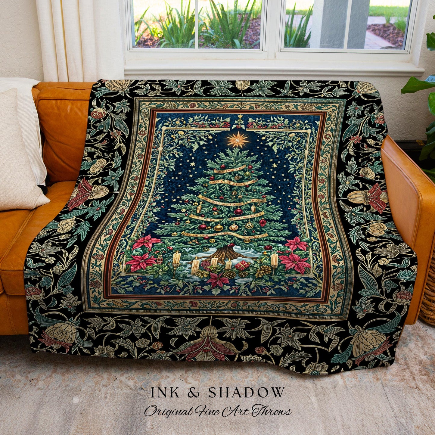 Elegant Holiday Home Decor Blanket | Vintage Christmas Cozy Winter Woven Throw Floral Wall Tapestry Cottagecore Holiday Heirloom Rustic Gift