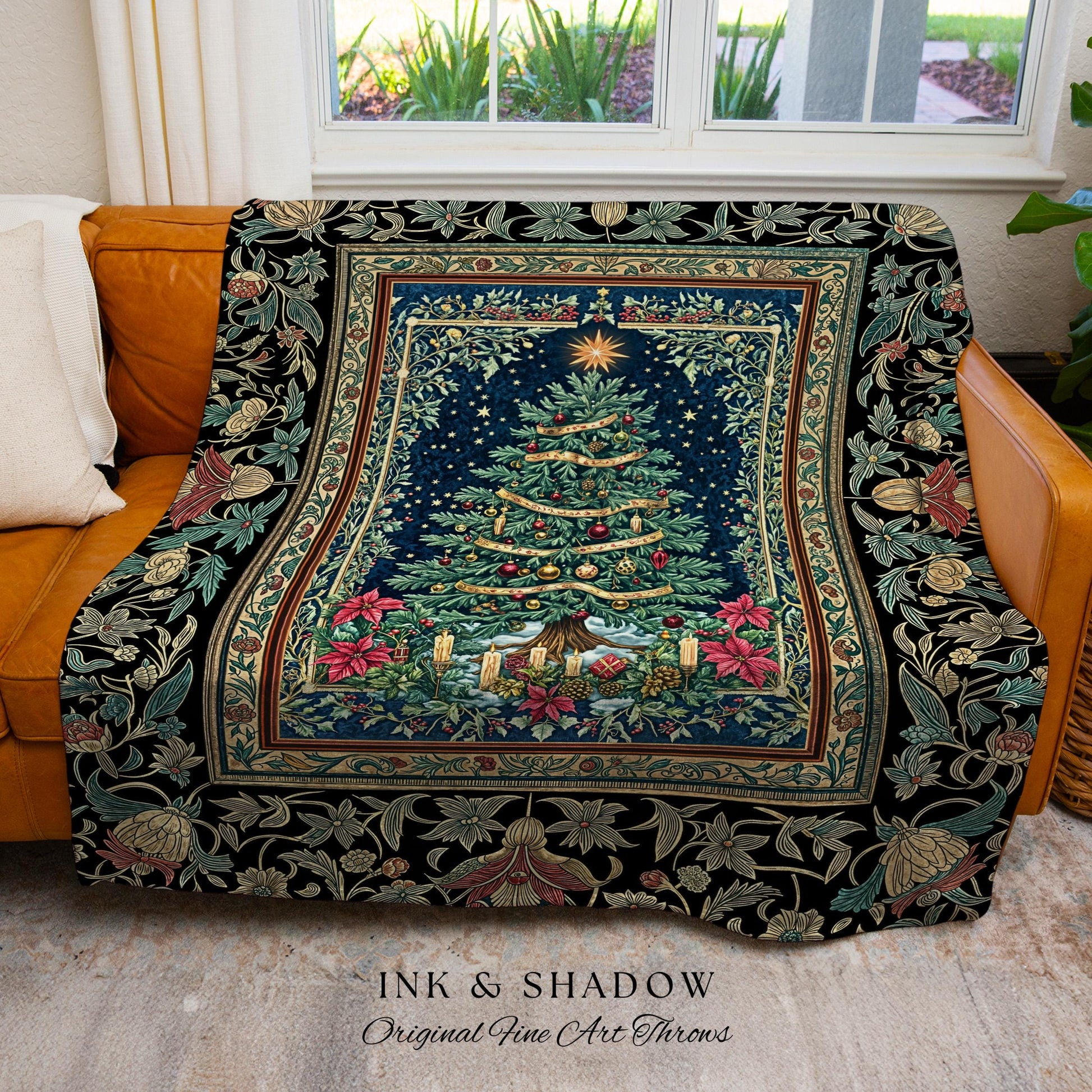 Elegant Holiday Home Decor Blanket | Vintage Christmas Cozy Winter Woven Throw Floral Wall Tapestry Cottagecore Holiday Heirloom Rustic Gift