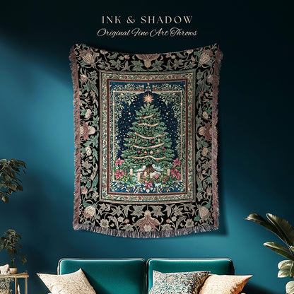 Elegant Holiday Home Decor Blanket | Vintage Christmas Cozy Winter Woven Throw Floral Wall Tapestry Cottagecore Holiday Heirloom Rustic Gift