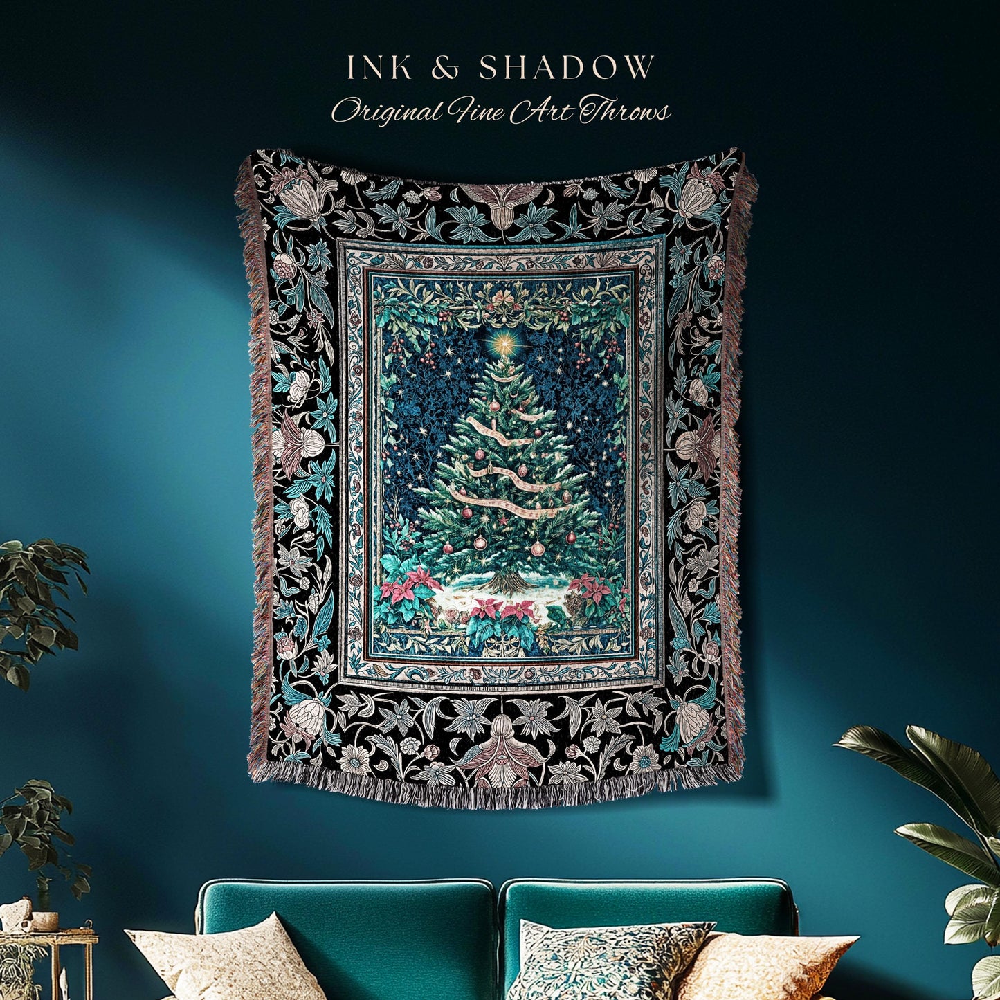 Moody Winter Christmas Tree Blanket | Snowy Aesthetic Holiday Woven Tapestry Cozy Decor Vintage Floral Cottagecore Festive Throw Rustic Gift