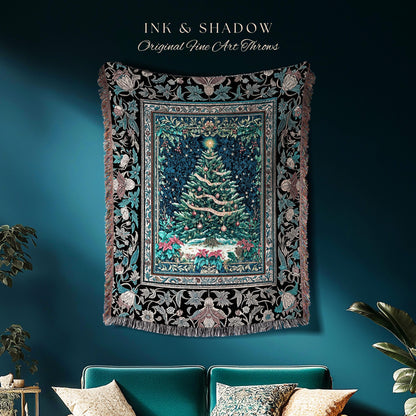 Moody Winter Christmas Tree Blanket | Snowy Aesthetic Holiday Woven Tapestry Cozy Decor Vintage Floral Cottagecore Festive Throw Rustic Gift