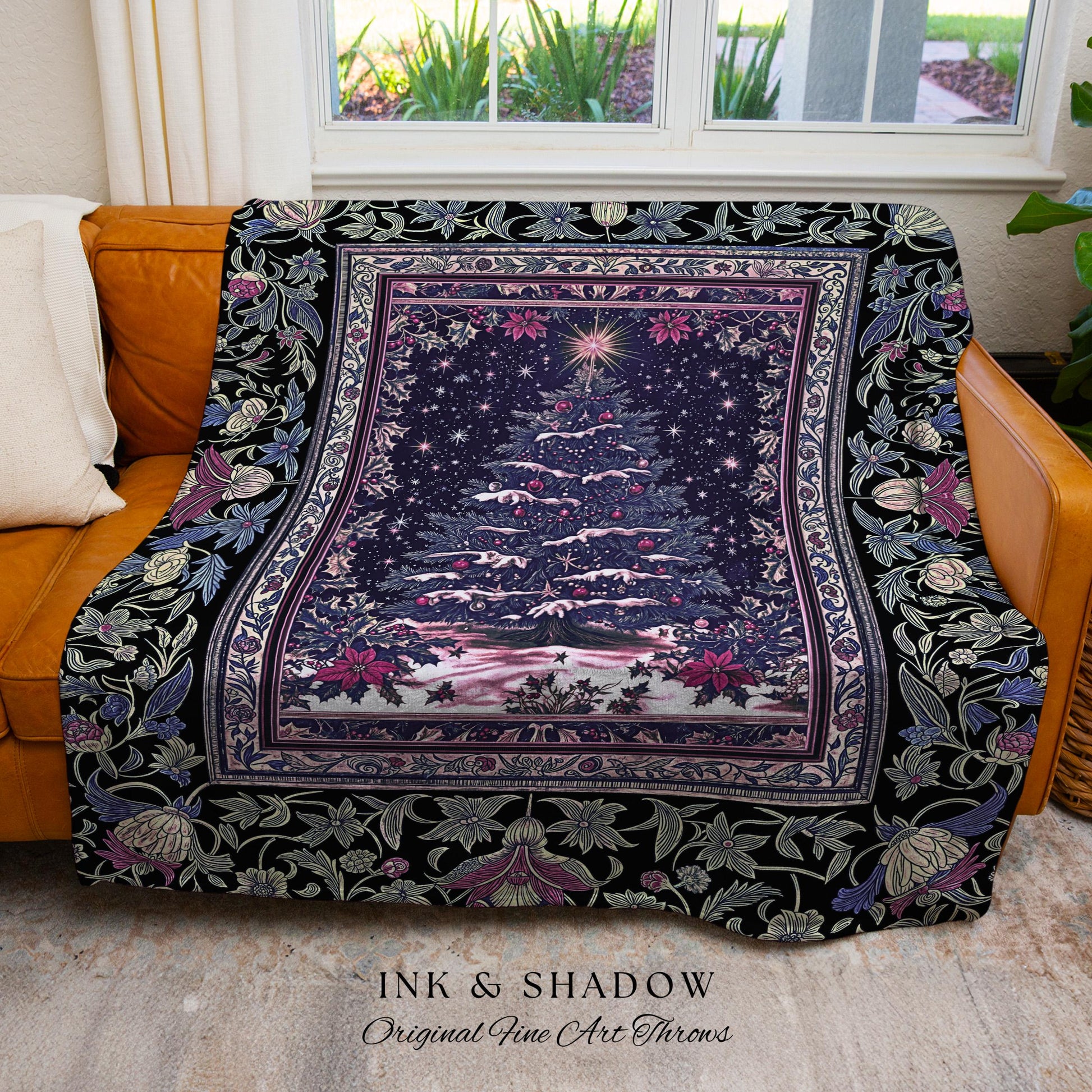 Cozy Purple Winter Tree Blanket | Christmas Holiday Tapestry Cozy Starry Night Decor Woven Throw Vintage Accent Cottagecore Blanket Xmas |