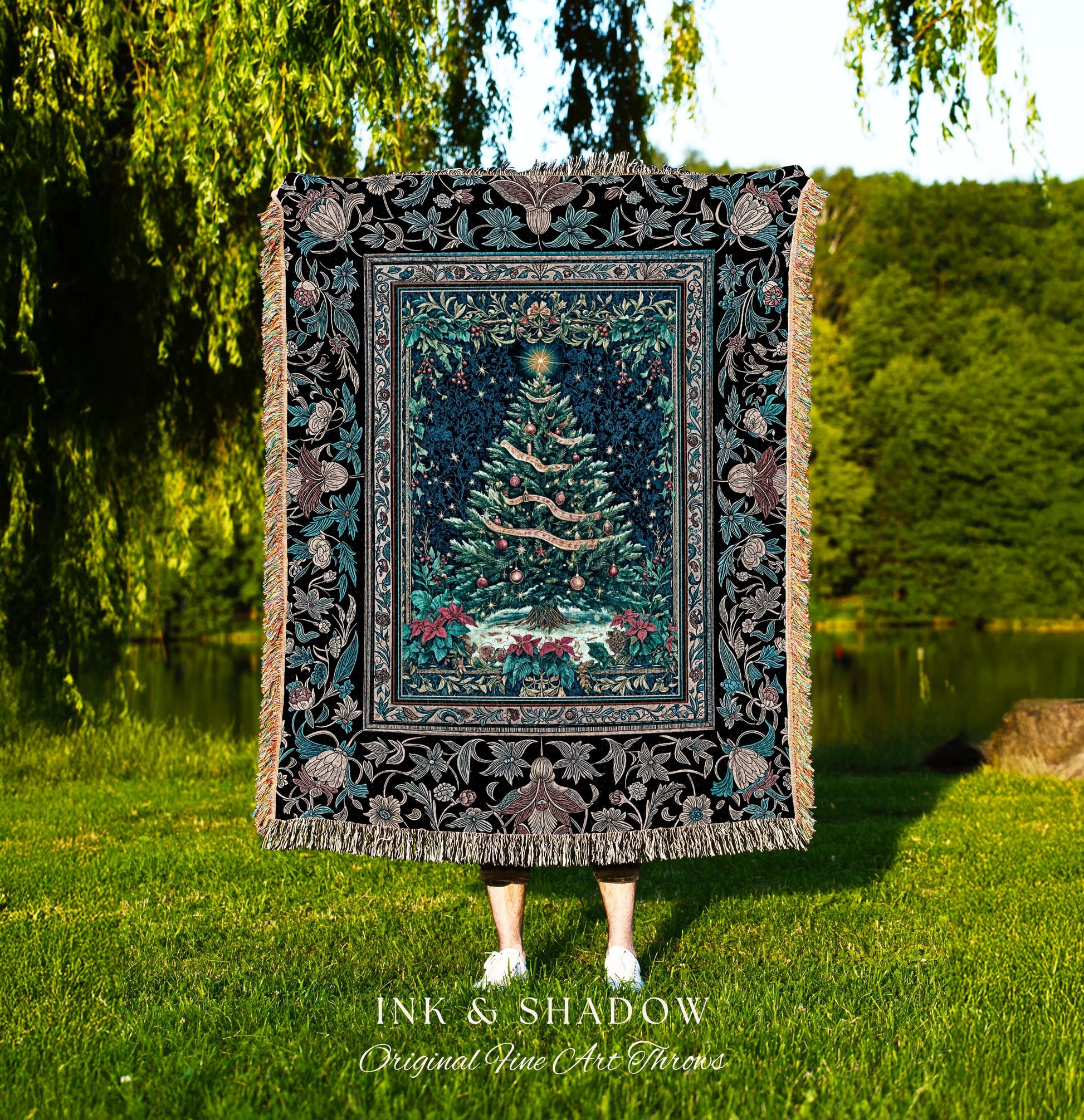 Moody Winter Christmas Tree Blanket | Snowy Aesthetic Holiday Woven Tapestry Cozy Decor Vintage Floral Cottagecore Festive Throw Rustic Gift