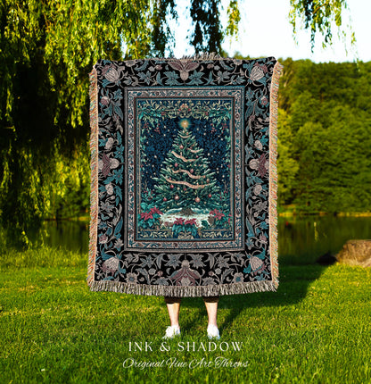 Moody Winter Christmas Tree Blanket | Snowy Aesthetic Holiday Woven Tapestry Cozy Decor Vintage Floral Cottagecore Festive Throw Rustic Gift