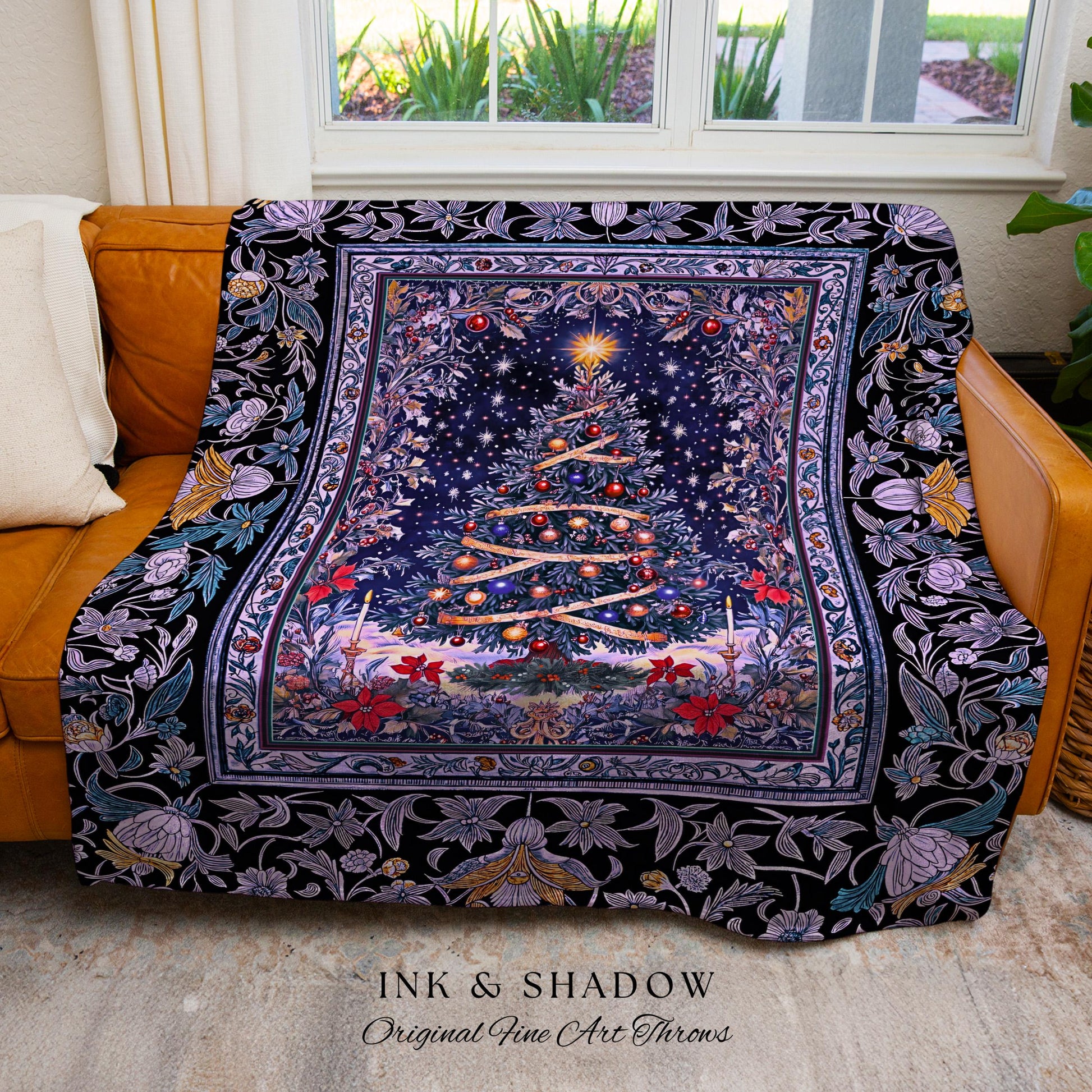 Radiant Lights Christmas Tree Blanket | Holiday Woven Wall Tapestry Cottagecore Winter Throw Vintage Accent Cozy Festive Decor Starry Night